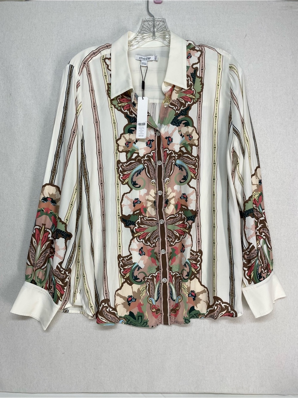 Chico's Silky Classic Fit Soft Evelyn Swirl Blouse 100% Viscose Button Down Top
